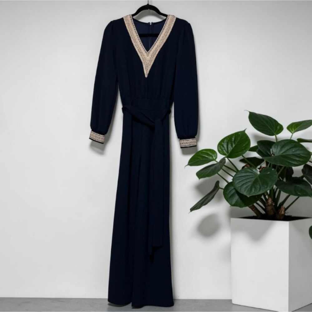 Navy Blue Lace Trim Wide Leg Jumpsuit Size Small | Long Sleeve